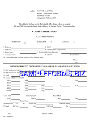 Alabama Claims Summary Form pdf free